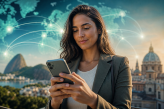 Pessoa usando celular em pagamento digital com representação visual de conexão financeira entre Brasil e Europa