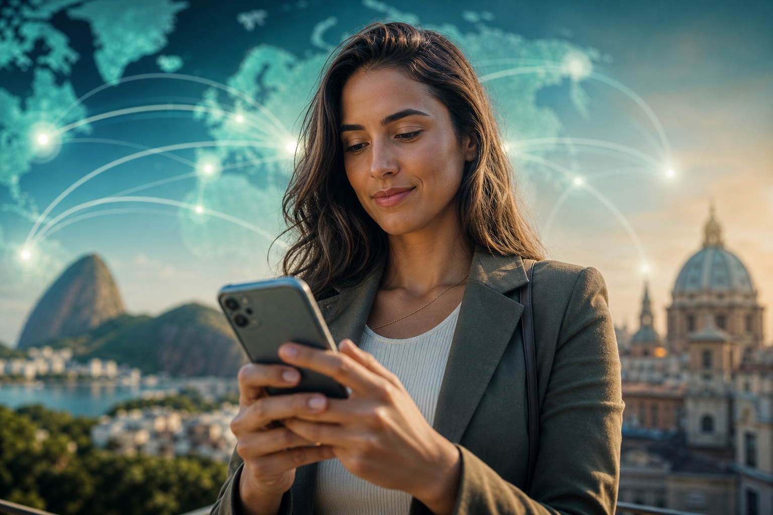 Pessoa usando celular em pagamento digital com representação visual de conexão financeira entre Brasil e Europa