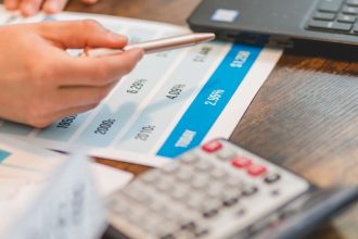 Mão usa uma caneta e uma calculadora sobre um gráfico de análise de taxas de juros.